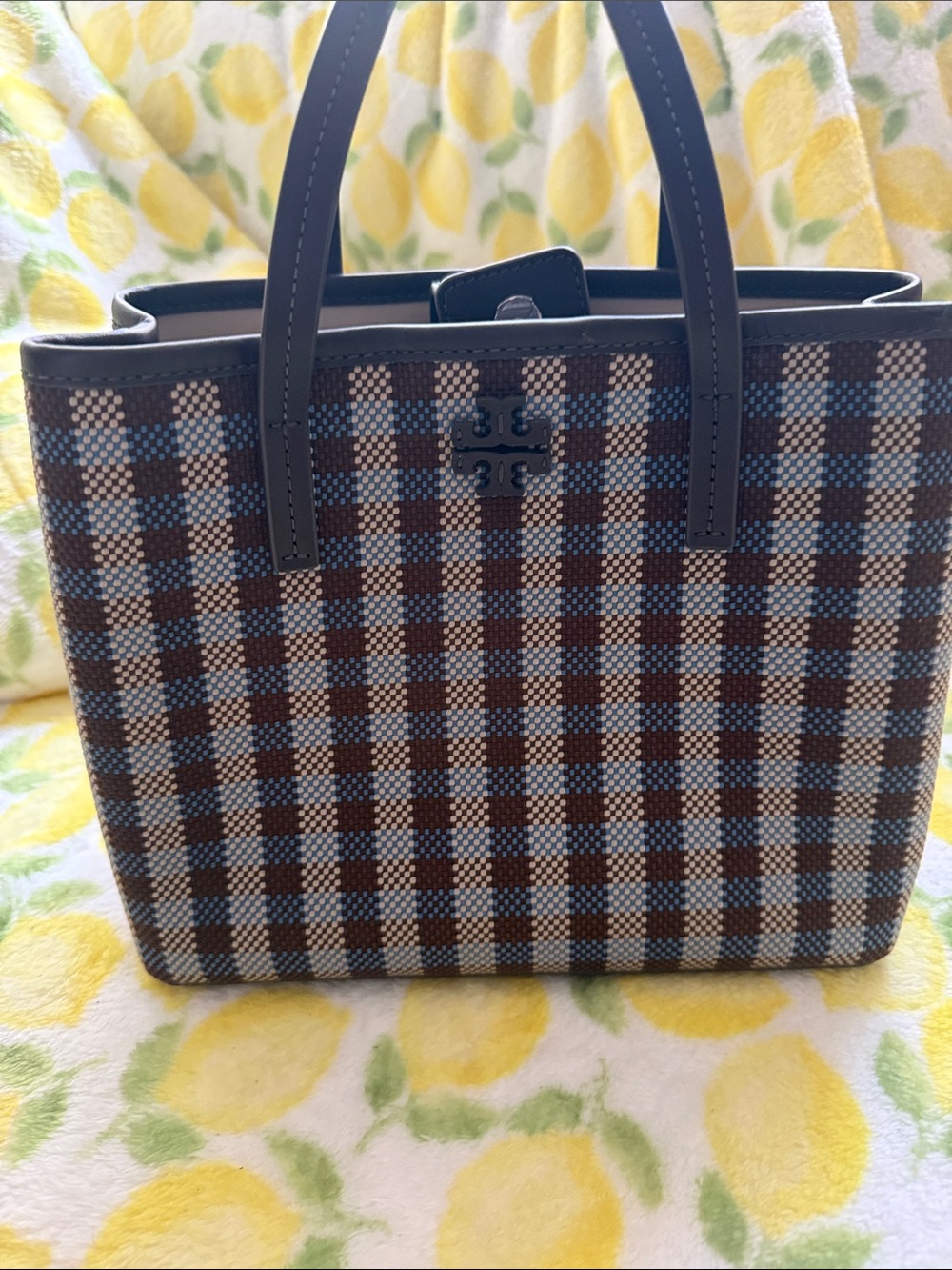 Tory Burch small Blue and Brown Check Canvas Tote